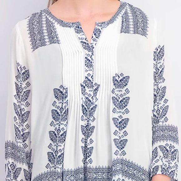 Pale Sky Pleated Blouse White and Dark Blue Combination - Picture 1 of 2